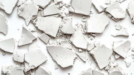 A close-up view of scattered broken white plaster pieces creates a textured and artistic background ideal for creative projects, design work, or modern interiors.の素材