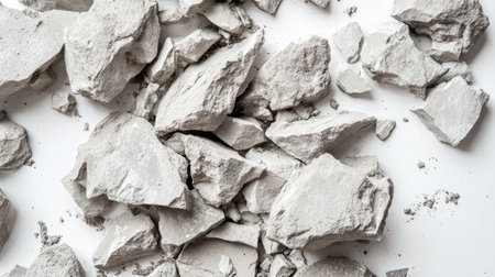 Close-up of light gray rock fragments on a clean white surface, perfect for use in backgrounds, textures, and artistic designs conveying natural mineral beauty.の素材