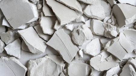 A captivating arrangement of broken plaster pieces displaying various shapes and textures, suitable for creative projects, design applications, or renovations emphasizing modern aesthetics.の素材