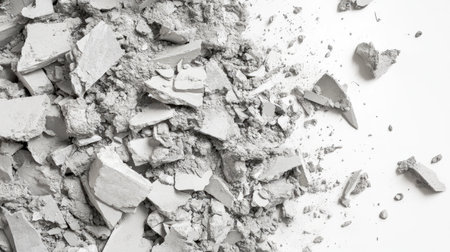 A detailed view of discarded concrete and plaster fragments on a white background, perfect for concepts related to construction, renovation, and industrial design.の素材