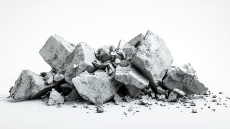 A large pile of crumbled concrete debris showcases various sizes and shapes of stones on a clean white background, ideal for construction and demolition themes.の素材