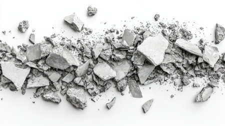 A visually striking image featuring crushed concrete pieces arranged on a white background, illustrating industrial materials and textures for diverse photographic needs.の素材