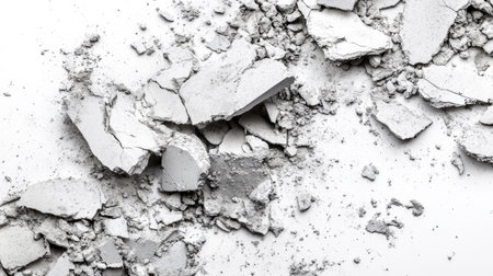 Cracked white plaster and fine dust fragments scatter across a clean white background, providing a minimalist aesthetic perfect for creative projects and design inspiration.の素材