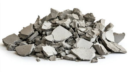 A pile of cracked cement pieces depicting renovation debris with a rough texture and broken surfaces, ideal for construction or design projects, isolated on a white background.の素材