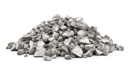 A large pile of irregularly shaped grey stones set against a white background, perfect for use in construction, landscaping, or artistic ventures showcasing raw materials and natural texture.の素材