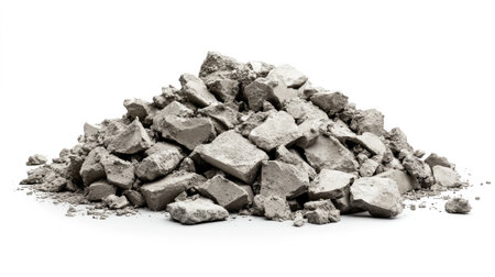 This image features a pile of crushed concrete aggregate on a clean, white background, ideal for construction, industrial use, and material design projects.の素材
