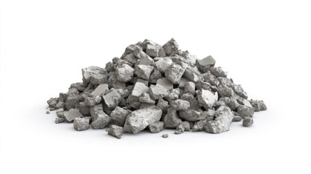 A detailed view of a mound of broken concrete debris, ideal for illustrating construction, demolition, or environmental themes, showcasing raw materials in an industrial setting.の素材