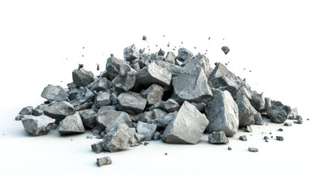 A visually striking image of a large pile of gray rocks and stones on a pristine white background, showcasing natural texture and rugged beauty for various creative projects.の素材