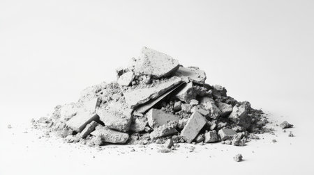 A visually striking pile of crushed concrete debris set against a clean white background, showcasing the textures and materials commonly found in construction and demolition scenes.の素材