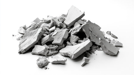 A dynamic composition featuring a mound of fragmented plaster, emphasizing the chaotic beauty of demolition and construction processes against a minimalist white backdrop.の素材