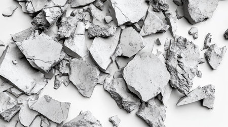 Close-up view of scattered gray rock fragments on a white surface showcases unique textures, shapes, and patterns ideal for creative projects and backgrounds.の素材