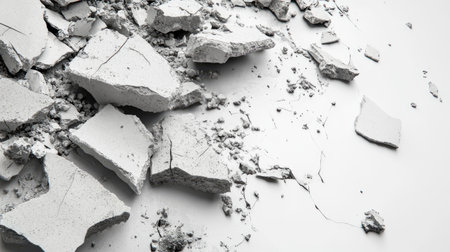 A collection of cracked and broken concrete pieces scattered on a white surface, creating a raw and industrial look suitable for various construction and urban themes.の素材