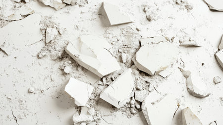 A collection of cracked white plaster fragments scattered on a surface, emphasizing the intricate details of decay and the beauty of natural wear and tear in an interior setting.の素材