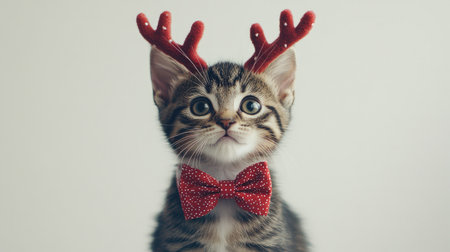 A charming domestic cat dressed with red antlers and a bow tie captures the essence of holiday cheer, embodying cuteness and festive joy in a playful manner.の素材