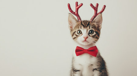 An adorable kitten wearing reindeer antlers and a red bow tie, bringing joy and festive spirit, ideal for holiday-themed projects, decorations, or greetings.の素材