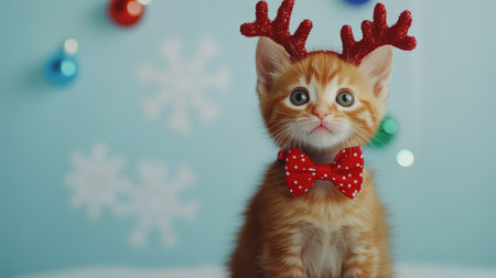 An adorable orange kitten wearing festive red antlers and a polka dot bowtie, bringing cheerful holiday spirit with Christmas decorations and snowflakes in the background.の素材