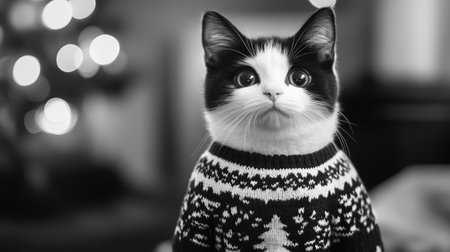 A charming black and white cat dressed in a festive sweater sits gracefully, captivating with its innocent expression, as soft holiday lights create a warm, cozy atmosphere.の素材