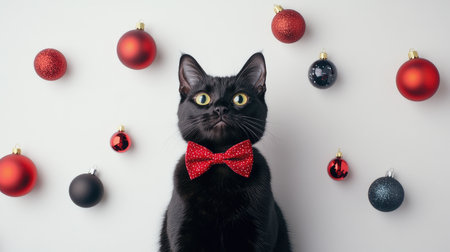 An adorable black cat dressed in a red bow tie sits against a light background, surrounded by colorful ornaments, embodying festive spirit and holiday cheer.の素材