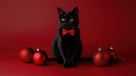 A stylish black cat wearing a bright red bow tie poses gracefully among vibrant red Christmas ornaments, creating a charming and festive atmosphere perfect for seasonal celebrations.の素材