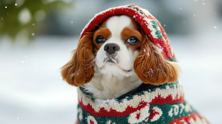 A stunning portrait of a Cavalier King Charles Spaniel dressed in a festive sweater, enjoying the serene beauty of a snow-covered landscape, exuding warmth and cuteness.の素材