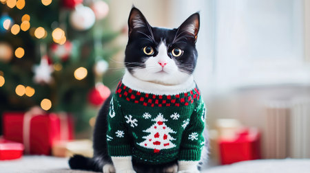 A charming black and white cat in a festive Christmas sweater sits gracefully beside a beautifully decorated tree, capturing the essence of holiday spirit and warmth.の素材