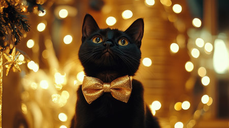 A charming black cat wearing a sparkling golden bow tie gazes up, surrounded by soft glowing lights, creating a captivating and festive atmosphere ideal for holiday-themed projects.の素材