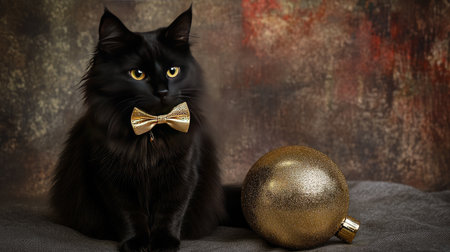 A stunning black cat dressed in a gold bow tie sits gracefully beside a shiny gold ornament, set against a textured backdrop, perfect for holiday themes and pet lovers.の素材