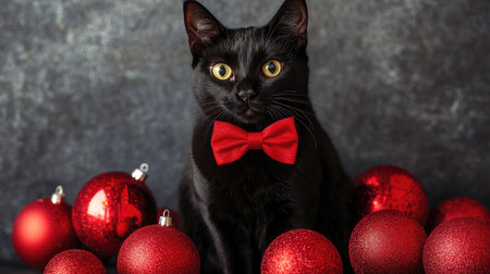A charming black cat showcasing its vibrant yellow eyes and wearing a red bow tie, surrounded by shiny red ornaments, captures the essence of festive joy and holiday spirit.の素材