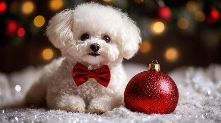 A charming white puppy wearing a red bowtie sits next to a glittery red ornament, embodying the joy and warmth of the festive holiday season. Perfect for pet lovers!の素材