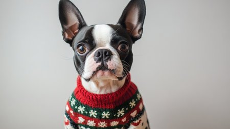 This adorable French Bulldog, dressed in a festive sweater, showcases a charming personality, perfect for capturing the spirit of holiday celebrations and pet love.の素材