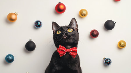 A charming black cat wearing a red bow tie looks up admiringly at colorful Christmas ornaments, embodying the playful spirit of the holiday season in a festive indoor setting.の素材