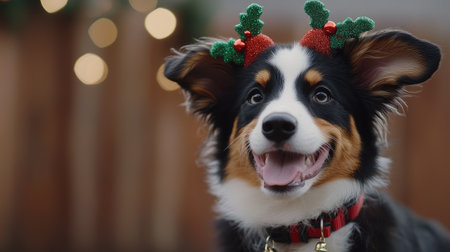 Adorable dog wearing festive antlers smiles joyfully in a vibrant outdoor setting, embodying the spirit of Christmas with a playful attitude surrounded by soft bokeh lights.の素材