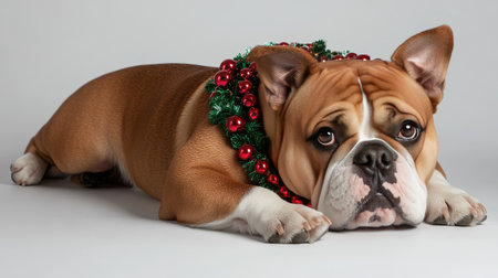 A charming bulldog rests comfortably on a white backdrop, adorned with a festive Christmas garland, capturing the spirit of the holiday season in a delightful pet portrait.の素材