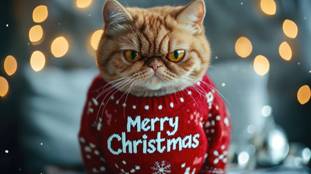 This delightful image features a cat wearing a vibrant holiday sweater, capturing the festive spirit of Christmas with a charming expression against a backdrop of twinkling lights.の素材