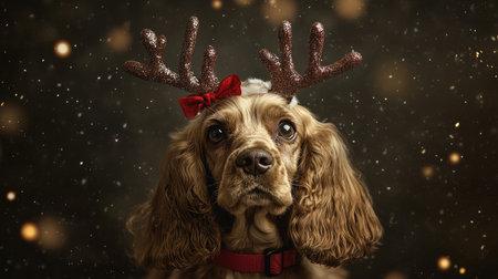A charming dog wearing festive antlers and a bright red bow is set against a snowy backdrop, embodying the joy and warmth of the holiday season in a stunning photographic portrait.の素材