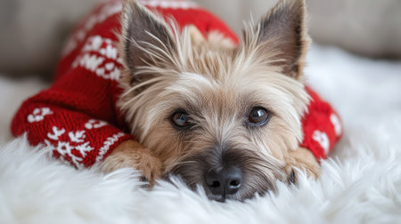 A charming small dog wearing a bright red festive sweater lies peacefully on a luxurious white fur blanket, embodying holiday joy and warmth, perfect for pet lovers and seasonal decor.の素材