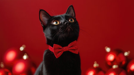 A charming black cat dressed in a sparkling red bow tie gazes upwards against a vibrant red backdrop, surrounded by festive ornaments, embodying holiday cheer and elegance.の素材