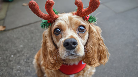 This charming dog wearing festive reindeer antlers captures the joy of the holiday season, bringing a smile to everyone's face during Christmas celebrations and winter festivities.の素材
