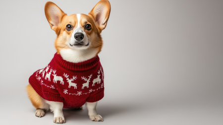 This charming Corgi dressed in a cozy red sweater with reindeer design brings festive joy to any holiday setting, capturing the essence of seasonal cheer and companionship.の素材