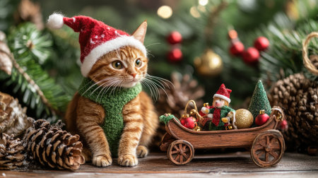 Adorable ginger cat dressed in a festive Christmas hat and green scarf, surrounded by holiday decorations, creating a warm and cheerful atmosphere perfect for the season.の素材