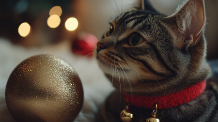This enchanting image captures a serene cat sitting beside a glittering golden ornament, enveloped in a warm holiday atmosphere with soft bokeh lights.の素材