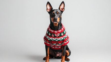 A charming dog in a colorful Christmas sweater sits proudly against a simple background, bringing festive cheer and joy to any holiday-themed project or decoration.の素材