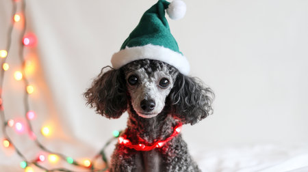 A charming poodle wearing a Santa hat poses delightfully among vibrant Christmas lights, showcasing the joy and warmth of the holiday season in a cozy indoor setting.の素材