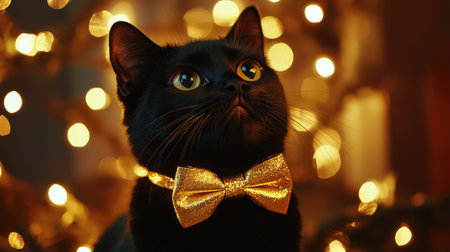 A charming black cat wearing a sparkling golden bow tie looks up at warm holiday lights, creating a wonderful festive atmosphere perfect for capturing seasonal joy and companionship.の素材