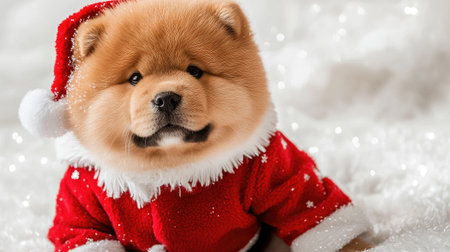 An adorable Chow Chow puppy dressed in a festive Santa suit, surrounded by soft snow and sparkling lights, perfect for evoking holiday cheer and warmth.の素材