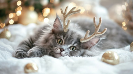 A charming gray cat adorned with sparkling antlers enjoys a serene moment on a soft blanket, creating a heartwarming holiday atmosphere filled with festive cheer.の素材