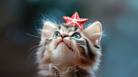This delightful kitten features brilliant blue eyes and a playful demeanor, topped with a vibrant red star, perfect for holiday-themed content or cute pet projects.の素材