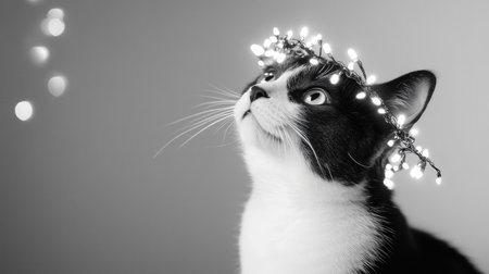 A charming black and white cat adorned with fairy lights sits gracefully, gazing upwards with a captivating expression, perfect for pet lovers and festive themes.の素材