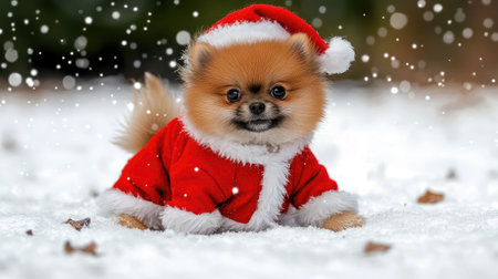 This charming Pomeranian puppy in a festive Santa costume captures the enchanting spirit of the holiday season, surrounded by snowflakes in a winter scene.の素材