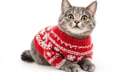 Capture the essence of the holiday season with this charming grey cat in a festive red sweater. Perfect for showcasing winter warmth and festive spirit.の素材